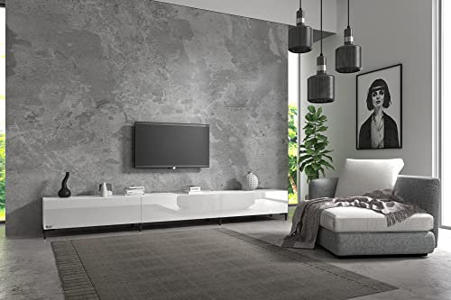 Wuun® TV-Board Lowboard Wohnwand TV-Bank Somero / 300cm (3 x 100cm) / Weiß-Matt & Weiß-Hochglanz/Vita Schwarz
