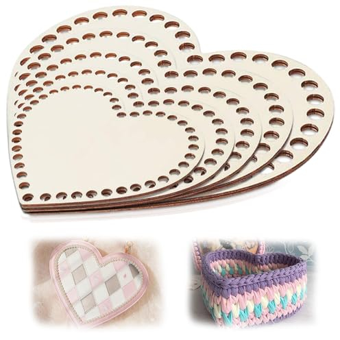 Palwin 5 Stück Korbboden Zum Häkeln Herzförmig Holzplatten, DIY Geflochtener Korbboden Basteln Mit Loch, Servierbrett Holz Für Küchen Dekoration,Selfmade Korbboden, Crochet Basket