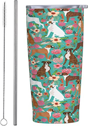 IUBBKI Girly Boxer Dog Floral Pattern 20 Oz Vacuum Travel Mug Water Bottles Stainless Steel Tumbler Coffee Cup