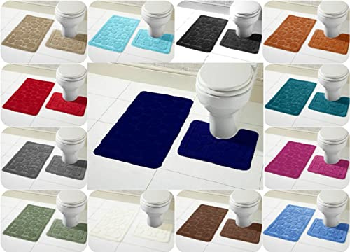 Voice7 Luxury 2 Piece Cali Circles Bath and Pedestal Mat Set - Non Slip Rubber Backing & Comfortable - Choose from 15 Stunning Colors (Navy Blue)