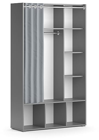 Vicco Kinderkleiderschrank Grau Luigi mit Vorhang-Kleiderstange - 106x178x38 cm aus Spanplatte - Kinderregal für Kinder und Teenager, für gut durchdachte Organisation im begrenzten Raum
