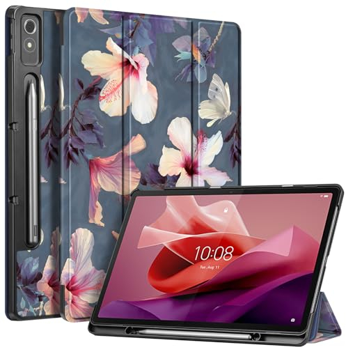 Fintie Hülle mit Stifthalter für Lenovo Tab P12 Tablet 12,7 TB370FU 2023, Ultradünne Flip Case Cover mit Auto Schlaf/Wach, Ständer Funktion, Blühender Hibiskus