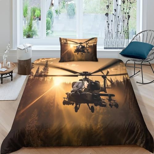 apache-helicopter Gunship Bettwäsche Mit Kissenbezüge: 48 Cm X 75 Cm Hubschrauber Bettdeckenbezug Schlafhilfe Bettbezug Komfortabel Steppdeckenbezug Reißverschluss Bed Linen Sets Single（135x200cm）
