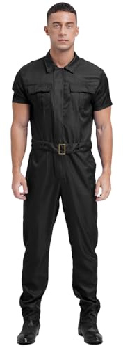 Sywiyi Herren Kurzarm Overall Jumpsuit Lange Einteiler Arbeitsoverall mit Gürtel Zipper Maleranzug Arbeitskleidung Schwarz S