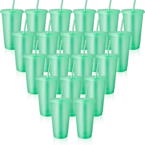 24 Pcs Green Reusable Tumbler with Lids and Straws, 24 oz Plastic Glitter Cold Drinks Cups Bulk, Coloured Iced Coffee Cup Travel Mug for Smoothie, Juices, Birthdays, Flamingo Party (Light Green)