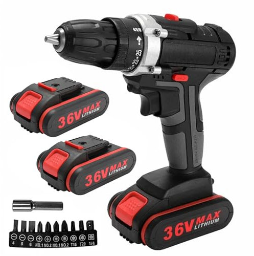 36V Electric Impact Drill - 2 in 1 Electric Cordless Drill with 2 Lithium-Ion Battery and LED Light, 2 Speed Compact Drill Driver Kit for Home & DIY black