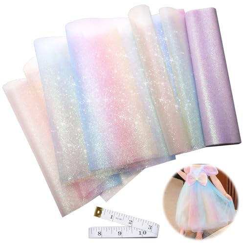 Regenbogen Glitzer Tüll 30cm x 9m Regenbogen Tüllstoff mit Maßband Tischläufer Tischband Dekostoff Tüllband für Weihnachten Hochzeit Party Tutu Rock Geschenkverpackung