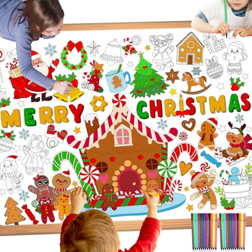 HOWAF Christmas Crafts Gingerbread Giant Colouring Poster for Kids, Merry Christmas Coloring Books Santa Gingerbread Man Gingerbread House Christmas Table Cloth Colouring Paper for Xmas Decorations