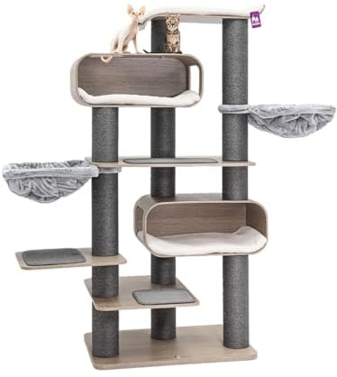 Petrebels Kratzbaum Holz, Virgo 196 cm, Design XXL Kratzbaum große Katzen, Eiche-Altgrau Look