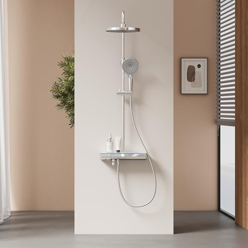 EMKE Colonne de Douche Thermostatique avec Douche de Pluie et Pommeau à 3 Modes, Chromée, Fonction 3 en 1, Hauteur Réglable de 700-1100mm, Éclairage Ambiant Bleu Doux, 375x420x1100mm