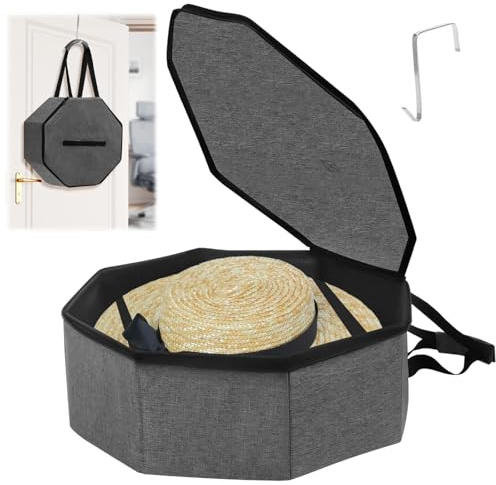 Hutschachtel Achteck mit Deckel, 43 x 18 cm, Hut Aufbewahrungsbox mit Stabiler Griff, Faltbare Reise Hutbox für 4-5 Caps, Stapelbar Hut Organizer Box für Männer und Frauen, Tragbarer Hutschachteln