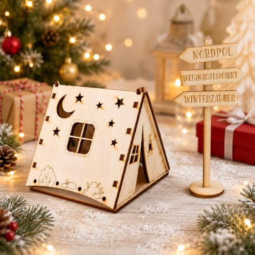 Snyvpra Wichtel Zubehör Set Miniatur Zelt Wegweiser Weihnachten | 2-teiliges DIY Holz-Set - Mini-Zelt & Wegweiser. Ideal für die Wichtelwelt, Adventszeit & Weihnachtsdeko für Familien.