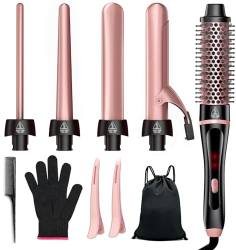 5 in 1 Curling Iron, Hair Curling Wand Set with Thermal Brush and 4 Interchangeable Ceramic Curling Wands (0.35'' -1.25'') Fast Heat Up Dual Voltage Hair Curler for Women All Hair Types and Travel Use