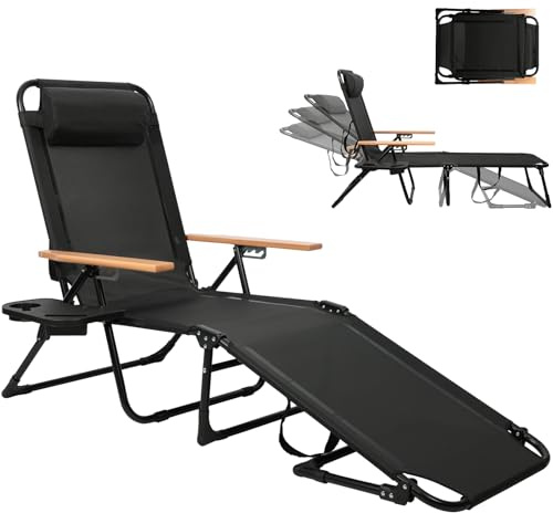 Cozykimo Sonnenliege Klappbar 4-Verstellbarer Rückenlehne, Gartenliege Klappbar Liegestuhl, mit Holzarmlehnen, 150kg, Campingliege Faltbar, für Balkon, Camping, Strandliege Leicht (Schwarz)