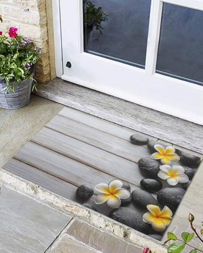 Yellow Egg Flowers Outdoor Doormat, Heavy Duty Non Slip TPR Backing Entrance Mat, Plumeria Floral Stone Farmhouse Wooden Low Profile Door Mats for Front Door, Indoor Outdoor Floor Mat 24''x36''