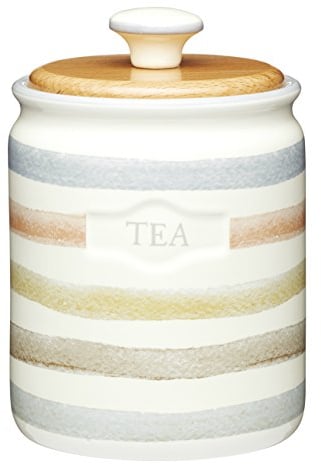KitchenCraft Classic Collection Teedose, Keramik, mit Holzdeckel, zarte Pastellstreifen, “TEA“ Aufdruck, festschließender Deckel, Mehrfarbig, 25 x 25 cm, 800 ml Kapazität