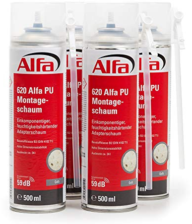 4x Alfa Einkomponentiger, feuchtigkeitshärtender Adapterschaum 500 ml Montageschaum