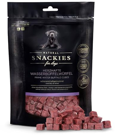 SNACKIES Herzhafte Wasserbüffelwürfel 170g Premium Snacks für Hunde, ohne Zusatz von Getreide, Zucker, Farb-, Aroma- und Konservierungsstoffe, schonend luftgetrocknete Leckerli
