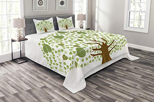ABAKUHAUS Baum Tagesdecke Set, Heilige Feige Bodhi Blätter, Set mit Kissenbezügen Sommerdecke, für Doppelbetten 264 x 220 cm, Grün braun und Weiß