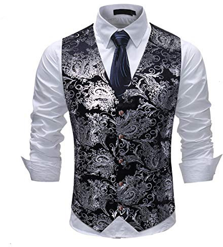 Allthemen Weste Herren Westen Gilet Jacquard Anzugweste für Hochzeit und Party Silber XXL