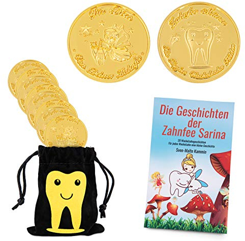 ZWEN Zahnfee Münzen gold (10 Stk) - Zahnfee Geschenke für Mädchen & Jungen + GRATIS E-Book mit 20 Zahnfee Geschichten für alle Milchzähne - Süße Münze als Zahnfee Geschenk