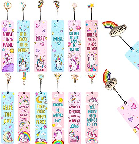 Zonon 12 Stück Einhorn und Regenbogen Thema Lesezeichen mit 12 Stück Metall Charms, Inspirierende Zitate Lesezeichen für Kind und Erwachsene