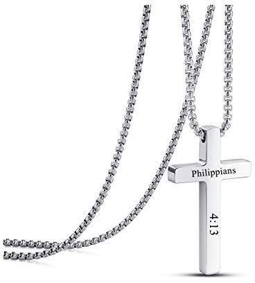 PiercingJak Kreuz Kette mit Gravur Edelstahl Kreuz Anhänger Halskette Christlich Religiöse Gebet Minimalist Schmuck Personalisierte Geschenke für Damen Herren, Silber/Schwarz