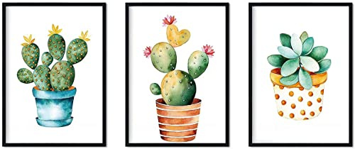 Nacnic Premium 3er Set Poster mit Kaktusmotiven | Bilderbögen mit Pflanzenillustrationen im Aquarellstil / A4-Format (21x29,7cm) mit schwarzem Rahmen /