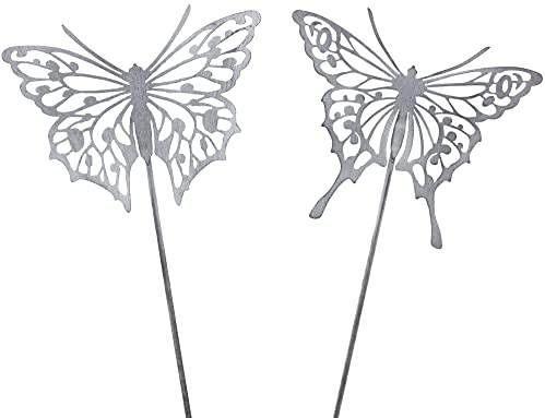 B2S BACK2SEASON 2 x Metall Stecker Schmetterling grau edel Gartenstecker Tierfigur Blumenstecker Gartendeko H=77 cm 2er Set