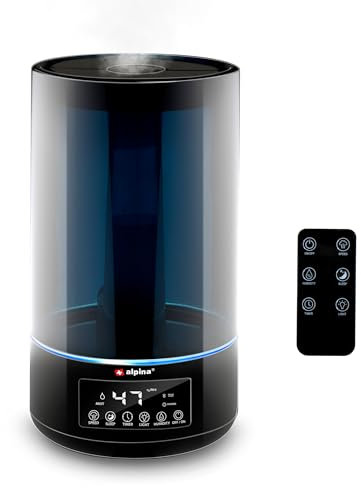 alpina Humidificateur d'Air Chambre - 4.3L - Humidificateur Ultrasonic Mist - Humidificateur Plantes d'intérieur - Diffuseur avec Timer - Aromathérapie - Veilleuse - Télécommande - Noir