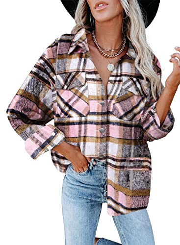 Iris Sprite Chemise à Carreaux en Flanelle pour Femme - Manches Longues - Chemise boutonnée en Velours côtelé (Rose, S)