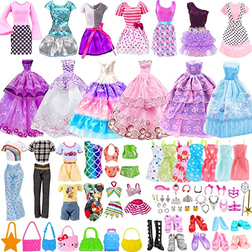 Alviller 55-teiliges Puppenkleidungs-Outfit für Barbie, Puppenzubehör, Minikleid, Partykleid, Bikini-Set, Oberteile, Hosen, Schmuckzubehör, zufällige Stilrichtung für 29.2 cm Mädchenpuppe