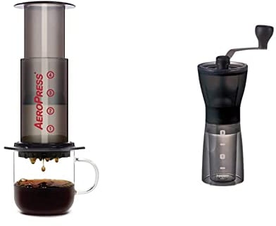AeroPress Coffee and Espresso Maker - Quickly Makes Delicious Coffee Without Bitterness & Hario, Transparent Black Mini Mill PLUS | Compact & Adjustable Hand Coffee Grinder With Ceramic Burrs, Plastic