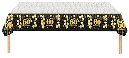 2pcs Black Gold Happy 60th Birthday Table Cloth Cover Party for Men,Women,Him,Her,137*274cm 60th Birthday Table Decorations,Rectangular Plastic Tablecloth for 60th Birthday Party Supplies Decorations