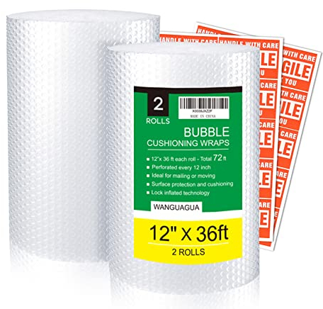 wanguagua Luftpolsterfolie für Umzugskartons, Versand, Polsterbedarf, perforiert alle 30,5 cm, 2 Stück