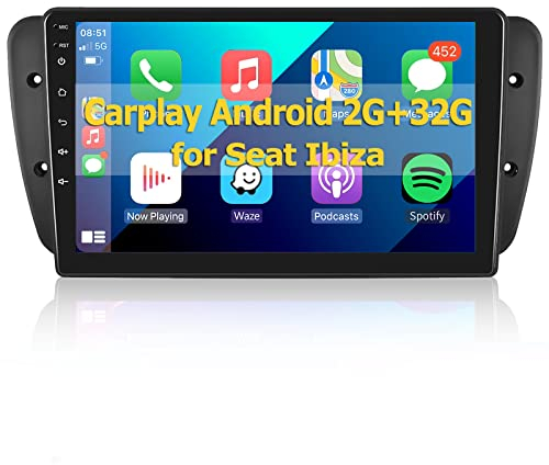 Podofo Carplay Radio Coche para Seat Ibiza 2009-2013, Android 2G+64G HiFi, Android AutoPantalla Páctil de 9 GPS Manos Libres Bluetooth WiFi FM RDS USB Estéreo para Seat Ibiza