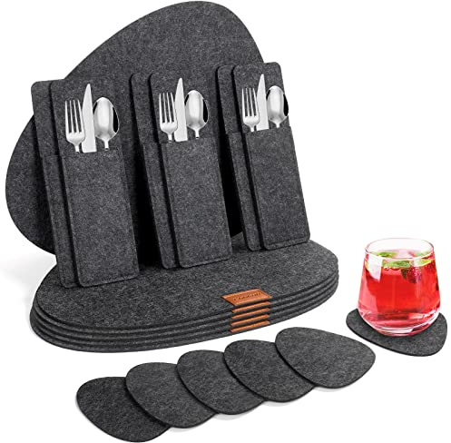 Cinnani Tischset Filz 18er Set, 6 Platzsets Filz, 6 Filzuntersetzer, 6 Bestecksäcken, Rutschfest Platzdeckchen Abwaschbar Tischsets, Esstisch Unterlage, Oval Tischuntersetzer, Platzset in Anthrazit