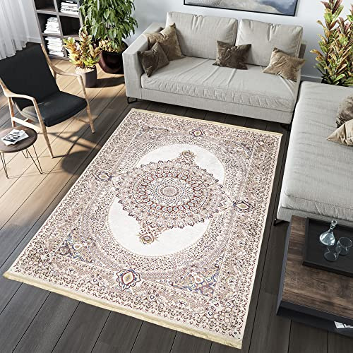 TAPISO Victoria Teppich Kurzflor rutschfest Waschbar Creme Bunt Ornament Bordüre Fransen Traditionell Fransenteppich Wohnzimmer Schlafzimmer ÖKOTEX 120 x 170 cm