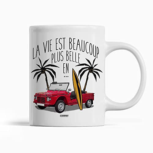 Mug auto La vie est plus belle en Mehari | pour passionnée de voiture ancienne | imprimé sur les 2 faces | en céramique, blanc brillant