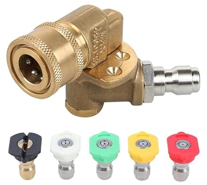 Aim Tools Pressure Washer Pivoting Coupler with 5 Spray Nozzle Tips, 90 Degree Rotation, 4500 PSI 1/4 Inch Quick Disconnect, Gutter Cleaner Attachment 171351