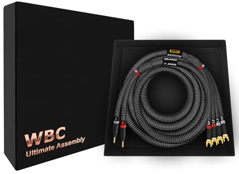 WORLDS BEST CABLES 8 Foot Ultimate - 7 AWG - Ultra-Pure OFC - Premium Audiophile HiFi Bi-Wire Speaker Cable for Center Channel - Eminence Gold Banana (x2) & Spade (x4) Plugs & Carbon Tweed Jacket