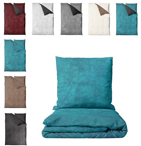 one-home Winter Bettwäsche Teddy Plüsch Nicki Uni Flauschig Kuschelig Warm Weich Fleece, Farbe:Uni Petrol, Größe:2 teilig 155x220 cm
