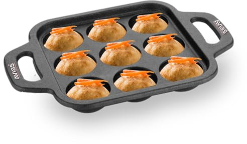AVIAS Cast Iron Square Paniyaram Pan with Handle, paniyaram Maker Includes 9 Pits, Idiyappam-Paniyarakkal, Gas Friendly Base, Pre-Seasoned Cookware for Kitchen, Set of 1