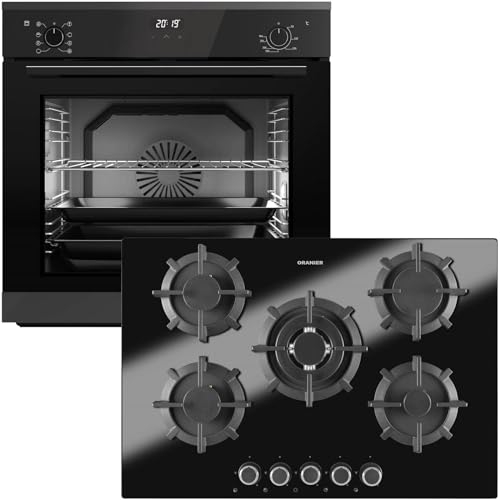 Oranier Backofen Set EBS420 Einbau autark - 9 Funktionen inkl. 75 cm Gas-Glaskeramik-Kochfeld GKH740-5 Kochstellen mit Design Bedienknebel
