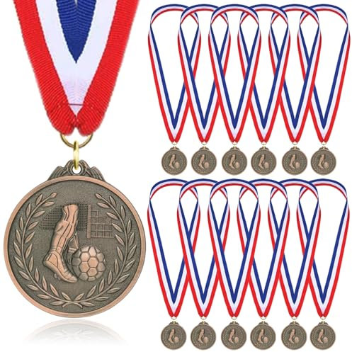 Fußballmedaillen für Kinder, Bronze-Metallmedaille mit dreifarbigem Nylonband, Fußball-Partygeschenke für Jungen, Kinder, Erwachsene, 12 Stück