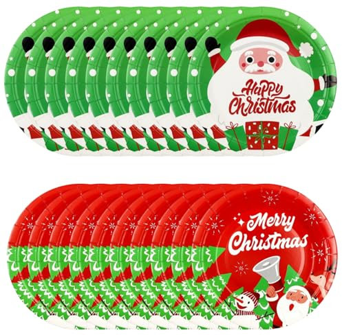 Platos de Papel para Fiestas Navideñas, 20 Piezas Platos de Navidad 9 Pulgadas Platos de Papel Árbol de Navidad Santa Claus Muñeco de Nieve Plato de Fiestas para Decoración de Navidad (Style-B)