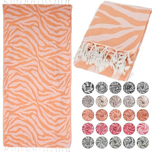 Lukkum® Oeko-TEX® Zebra Muster Pestemal Strandtuch Saunatuch Badetuch Hamamtuch Groß Baumwolle Duschtuch Handtuch Fouta Decke Sporttuch Sarong Pfirsich Farbe Lachsfarbe (Peach Fuzz, Zebra 185 x 90cm)