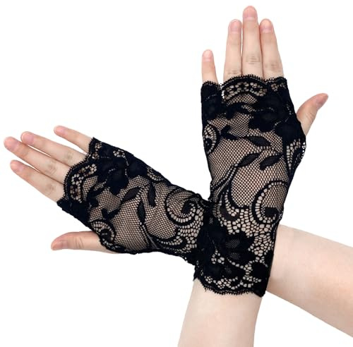 AffeGifts Fingerlose Netzhandschuhe Schwarz, Schwarze Elegante Kurze Spitze Handschuhe Halloween Kostüm Handschuhe Floral Spitze Halbfinger Handschuhes für 1920er Jahre Party Oper und Kostüm