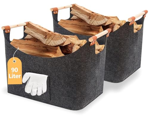 FINEW 90L Holzkorb für Kaminholz 2er Set, 60 x 40 x 40CM Kaminholzkorb mit Handschuhen, Große Filzkorb Feuerholzkorb zur Aufbewahrung von Brennholz, Zeitungen, Holz, Spielzeug