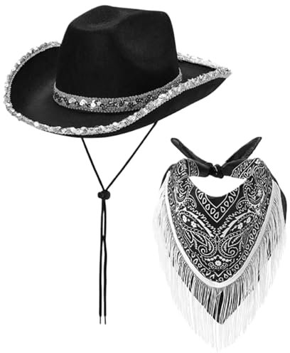 SWEETBIUTI Cowgirl Hat Wide Bim Cowboy Hut 2pcs/Set Gebogene Kante schwarzer Cowgirl -Hut mit Fransen Bandana und Kinngurt Western Cowboy Hut für Cosplay, Halloween -Kostüme